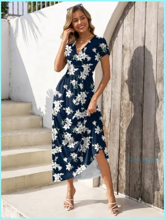 Short Sleeve Maxi Dress with V Neck Pockets Casual Summer Sundress - Picture 4 of 7